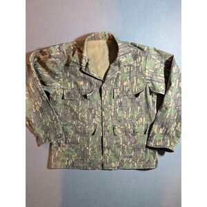Vintage Trebark Camo Hunting Safari Field Jacket 4 Pocket Button Front USA Men L